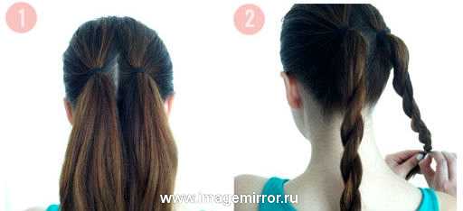 Разделите волосы на две равные части, завяжите хвосты с помощью резинок под цвет волос. Из хвостов скрутите не очень тугие жгуты, также зафиксируйте тонкими резинками.